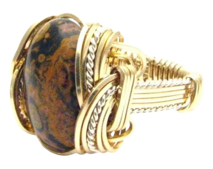 Handmade Leopard Skin Agate Ring: Two Tone Sterling Silver & 14kt Gold Filled Wire Wrap