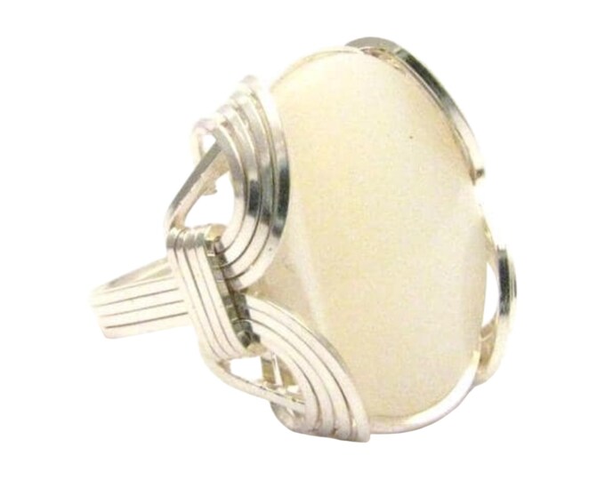White Gemstone Ring Sterling Silver Wire Wrapped Mother of Pearl