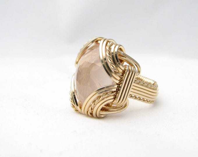 Wire Wrapped Rose Quartz Ring: 14kt Gold Filled, Faceted Gemstone