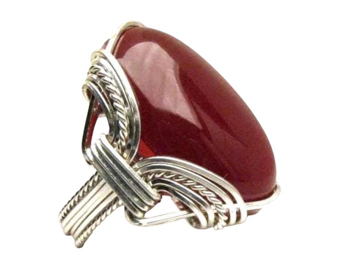 Sterling Silver Carnelian Cabochon Ring - Handmade Wire Wrapped Jewelry