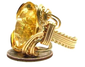 Handmade Artisan 14kt Gold  Wire Wrap Golden Citrine Gemstone Ring Great Gift Idea