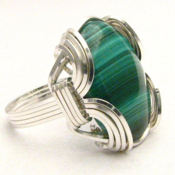 Wire Wrapped Ring, Malachite Ring, Handmade Ring, Sterling Silver Ring, Wire Wrap Ring, Green Ring, Cabochon Ring, Gemstone Ring, Old School