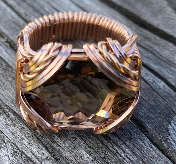 Rose gold ring  Handmade Victorian Solid 14kt Gold  Yellow/Rose Wire Wrap Smokey Quartz Brown Gemstone Personalized  Ring