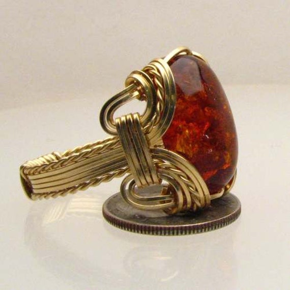 Handmade Solid 14kt Gold Wire Wrap Amber Cabochon Ring