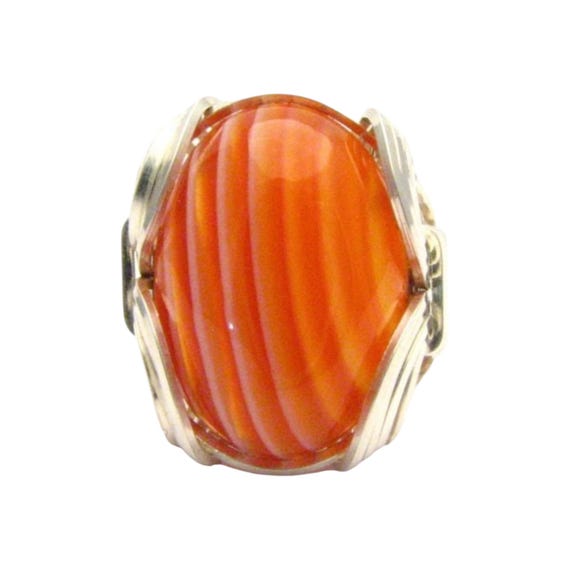 Handmade Cabochon Ring Sterling Silver Wire Wrap Red and white Sardonyx Gemstone Ring