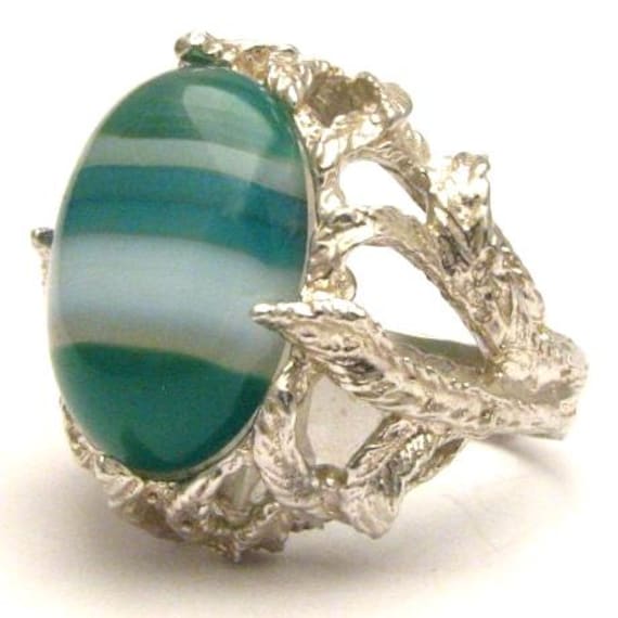 Handmade Solid Sterling Silver Green/White Sardonyx Cab Ring Great Gift Idea