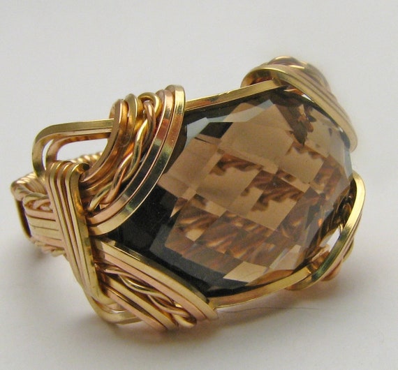 Rose gold ring  Handmade Victorian Solid 14kt Gold  Yellow/Rose Wire Wrap Smokey Quartz Brown Gemstone Personalized  Ring