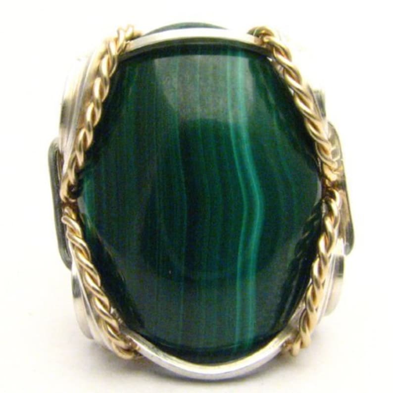 Handmade Wire Wrap Two Tone Sterling Silver14kt Gold Filled Malachite Cabochon Ring