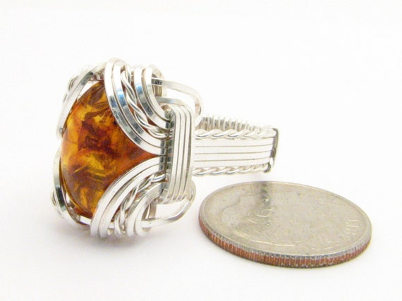 Wire Wrapped Ring Handmade Solid Sterling Silver Wire Wrap Amber Cabochon Gemstone  Statement Ring Great Gift Idea