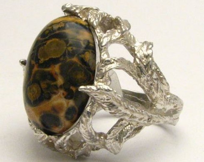 Leopard Skin Animal Print Onyx Cab Gemstone Solid Sterling Silver Ring.   Custom Sized to fit you.