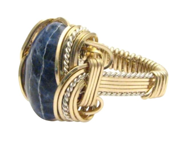 Blue Sodalite Ring Sterling Silver and 14k Gold Filled Wire Wrapped Handmade