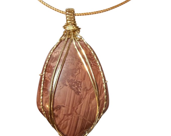 Gemstone Pendant Red Jasper Wire Wrapped Gold Handmade