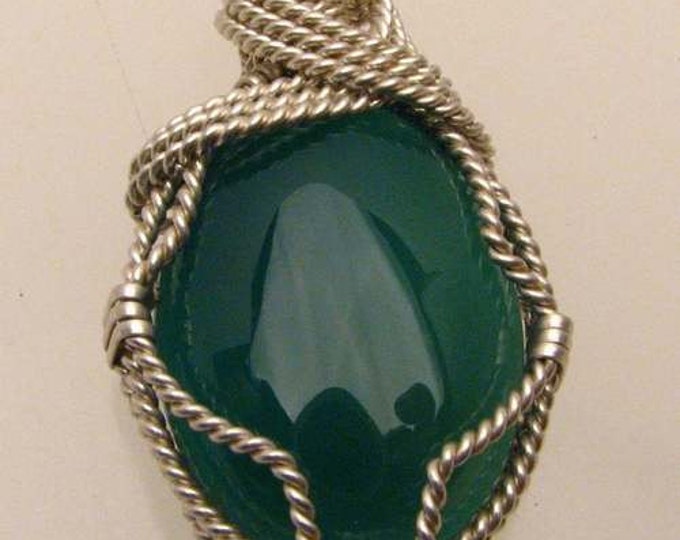 Handmade Solid Sterling Silver Wire Wrap Green Onyx Pendant