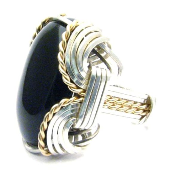Handmade Ring Wire Wrapped Ring Two Tone Ring Sterling Silver/14kt Gold  Ring Black Onyx Ring Great Gift Idea