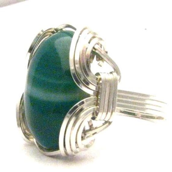 Wire Wrapped Green Sardonyx Gemstone Sterling Silver Ring.  Custom Sized to fit you. Great Gift Idea