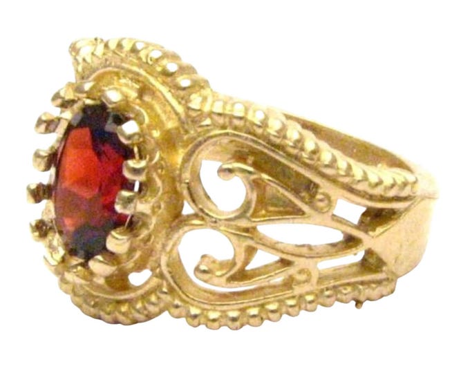 Garnet Ring 14kt Gold Filigree: Crown Design January Birthstone