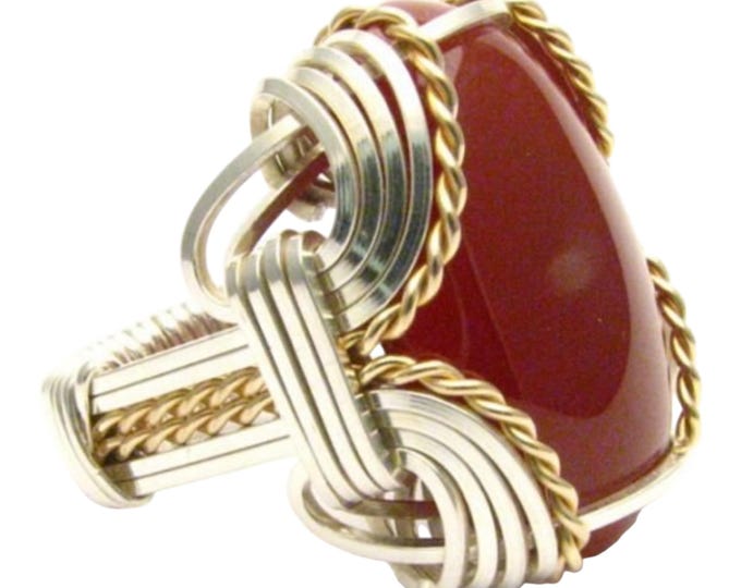 Wire Wrapped Carnelian Gemstone Two Tone Sterling Silver/14kt Gold Filled Ring,