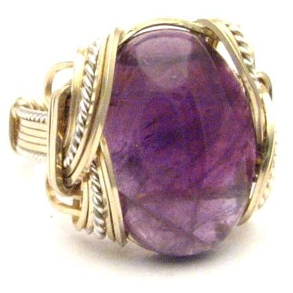 Sterling Silver 14kt Gold  Amethyst Ring Handmade Ring, Wire Wrap Amethyst Cab Ring, February Birthstone Ring