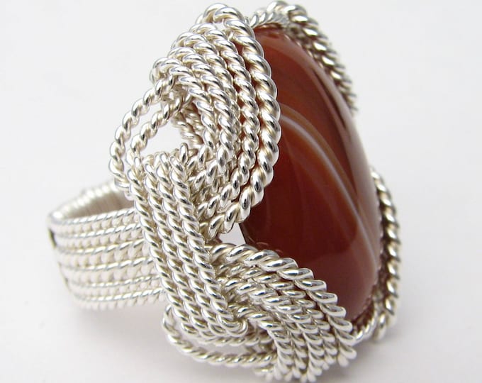 Handmade Sterling Silver Wire Wrap Ring: Red Sardonyx Gemstone