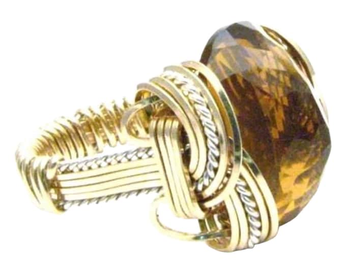 Whiskey Quartz Ring Two-Tone Wire Wrapped Sterling Silver 14kt Gold