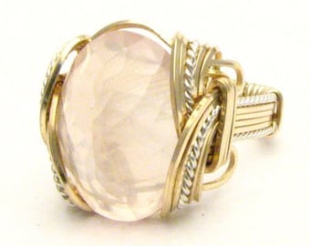 Handmade Wire Wrap Two Tone Sterling Silver/14kt Gold  Rose Quartz Ring Great Gift Idea