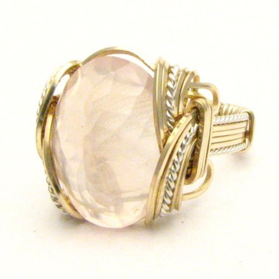 Handmade Wire Wrap Two Tone Sterling Silver/14kt Gold  Rose Quartz Ring Great Gift Idea