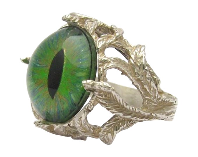 Sterling Silver Dragon Eye Ring: Green Gemstone Claw, Gothic Handmade