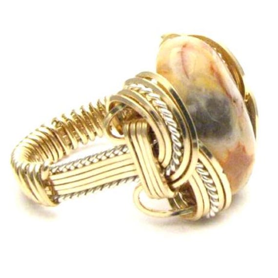 Handmade Wire Wrap Two Tone Sterling Silver/14kt Gold  Crazy Lace Agate Ring Great Gift Idea
