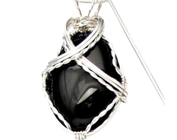 Black Onyx Pendant Sterling Silver Wire Wrapped Handmade Necklace