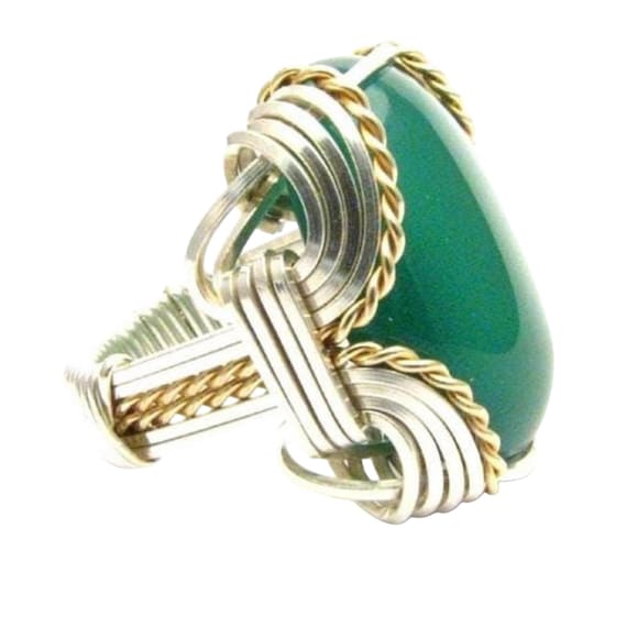 Handmade Wire Wrap Two Tone Sterling Silver/14kt Gold  Green Onyx Ring Great Gift Idea