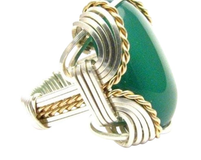 Handmade Green Onyx Ring: Two-Tone Sterling Silver & 14kt Gold Wire Wrap