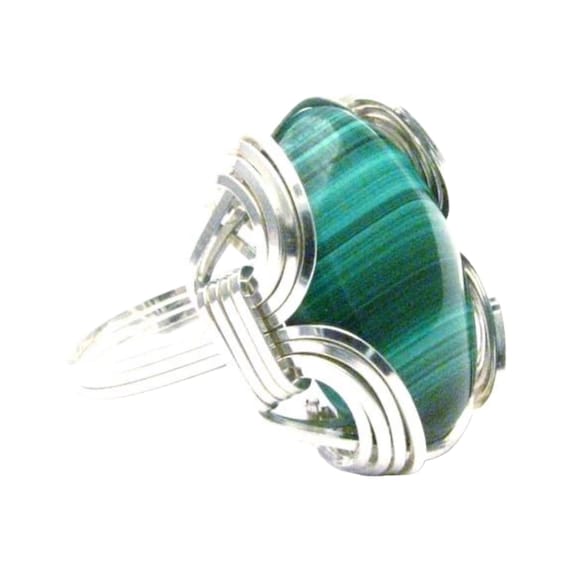 Wire Wrapped Ring, Malachite Ring, Handmade Ring, Sterling Silver Ring, Wire Wrap Ring, Green Ring, Cabochon Ring, Gemstone Ring, Old School