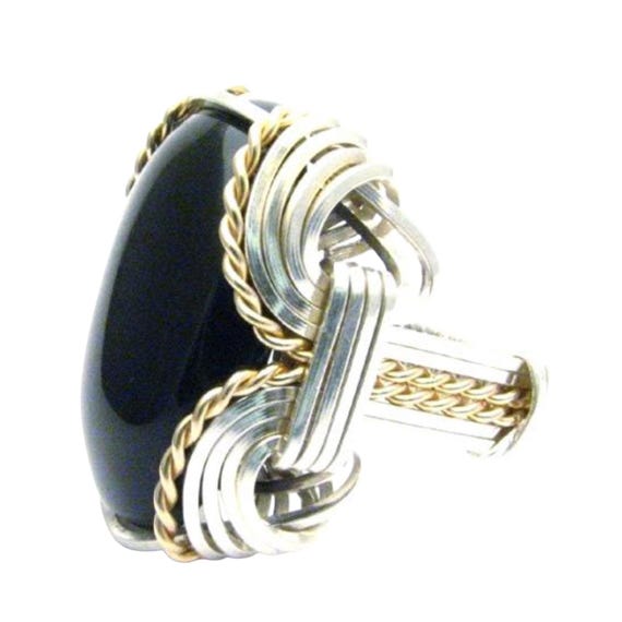 Black Onyx Handmade Ring Wire Wrapped Ring Two Tone Ring Sterling Silver/14kt Gold  Ring Black Onyx Ring Great Gift Idea