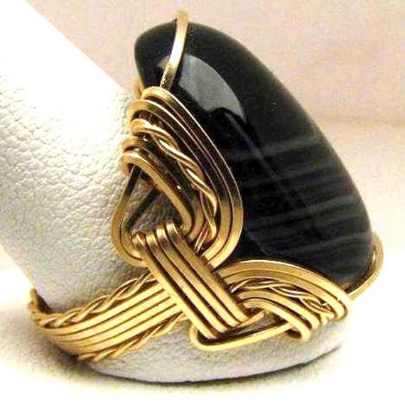 Handmade 14kt Gold  Wire Wrapped Vintage Striped Black Onyx Ring Great Gift Idea