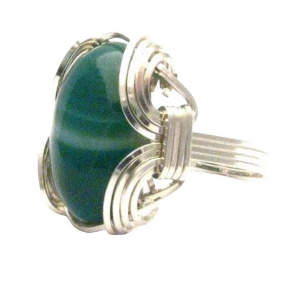Wire Wrapped Green Sardonyx Gemstone Sterling Silver Ring.  Custom Sized to fit you. Great Gift Idea