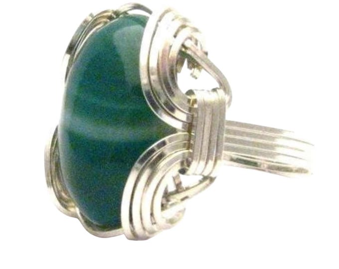 Wire Wrapped Green Sardonyx Sterling Silver Ring