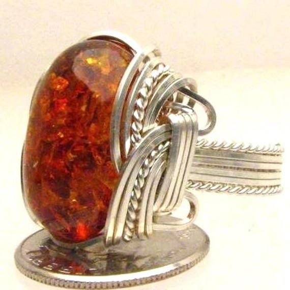 Handmade Amber Solid Sterling Silver Wire Wrap Amber Ring Great Gift Idea