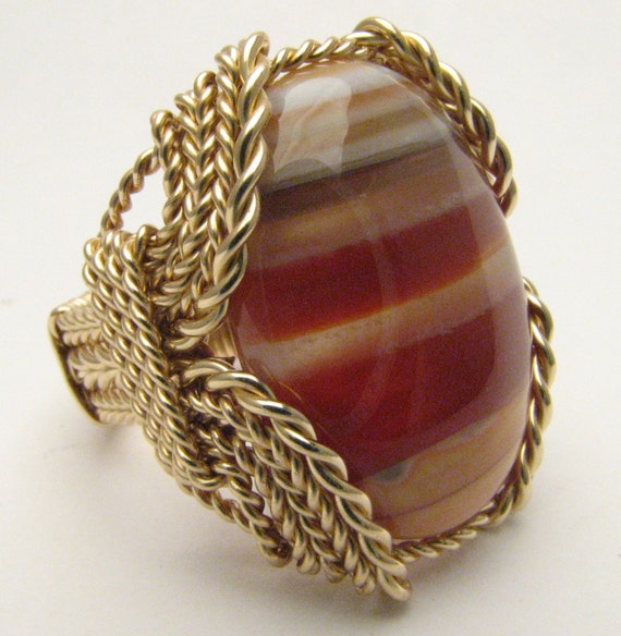 Wire Wrapped Ring Handmade 14kt Gold  Red/White Sardonyx Cabochon Gemstone Statement  Ring Great Gift Idea