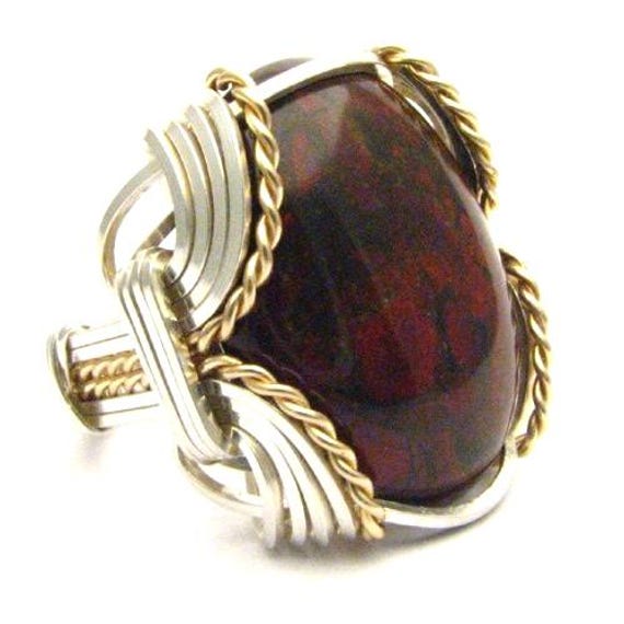 Handmade Wire Wrap Sterling Silver/14kt Gold  Poppy Jasper Cabochon Ring Great Gift Idea