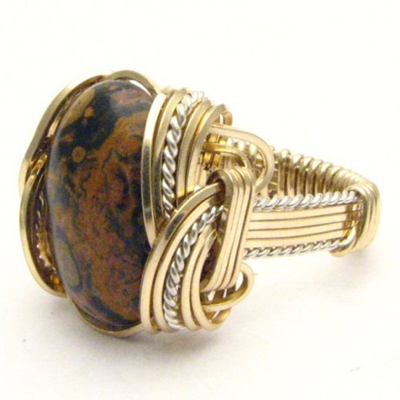 Handmade Wire Wrap Two Tone Sterling Silver/14kt Gold  Leopard Skin Cabochon Ring Great Gift Idea