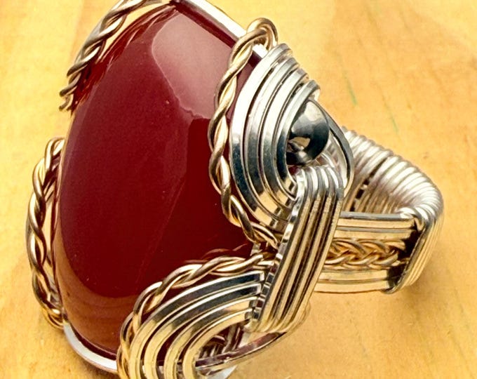 Wire Wrapped Carnelian Gemstone Two Tone Sterling Silver/14kt Gold Filled Ring,