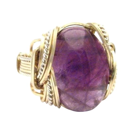 Sterling Silver 14kt Gold  Amethyst Ring Handmade Ring, Wire Wrap Amethyst Cab Ring, February Birthstone Ring
