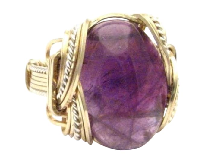 Handmade Amethyst Ring: Two-Tone Sterling Silver 14kt Gold Wire Wrap