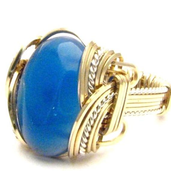 Handmade Wire Wrap  Sterling Silver/14kt Gold  Blue Onyx Two Tone Ring Great Gift Idea