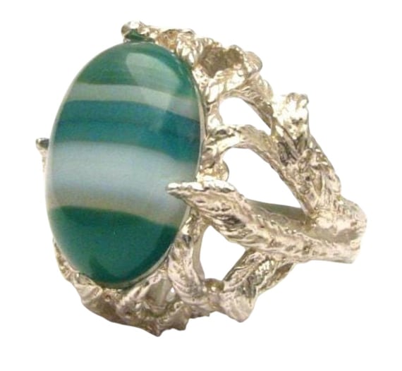 Handmade Solid Sterling Silver Green/White Sardonyx Cab Ring Great Gift Idea