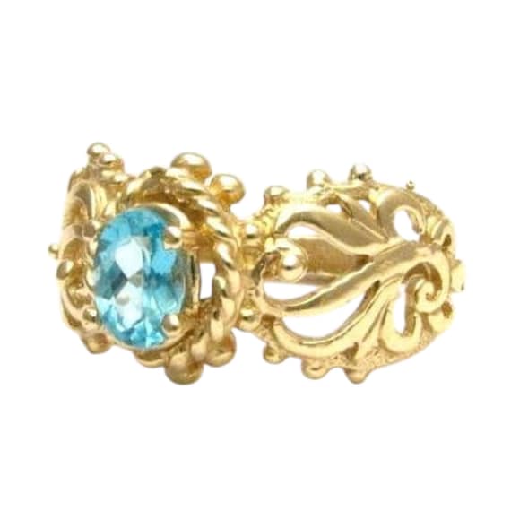 Handmade 14kt Gold Blue Topaz Filigree Ring 6x4mm .5ct Great Gift Idea