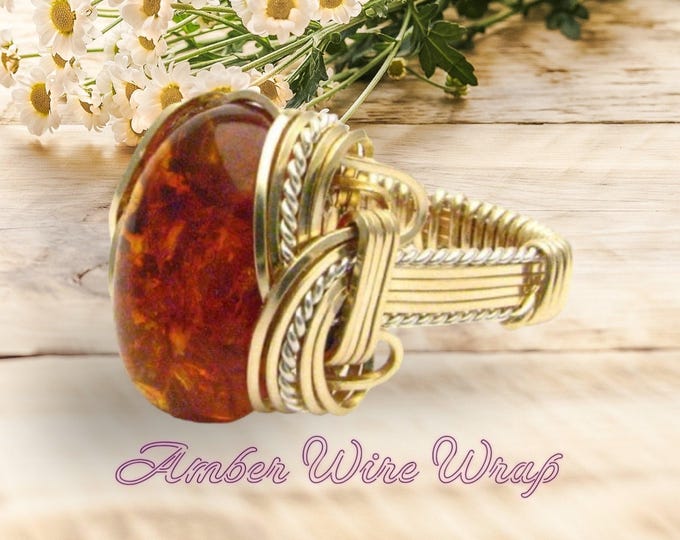 Handmade Two Tone Amber Ring: Wire Wrapped Sterling Silver & 14kt Gold