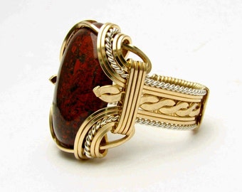 Victorian Wire Wrapped Ring Two Tone Ring Sterling Silver/14kt Gold  Ring Poppy Jasper Ring