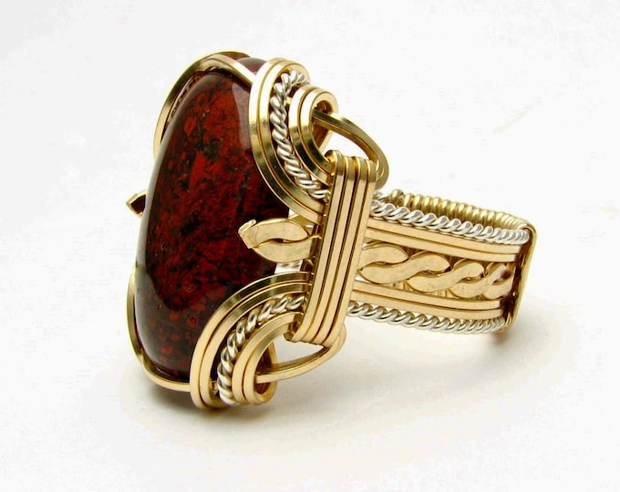 Victorian Poppy Jasper Ring: Two-Tone Wire Wrapped Sterling Silver & 14kt Gold