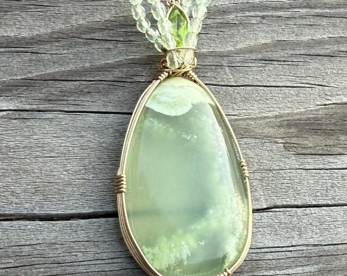 Gemstone Pendant: Prehnite Peridot Wire Wrapped Gold Necklace